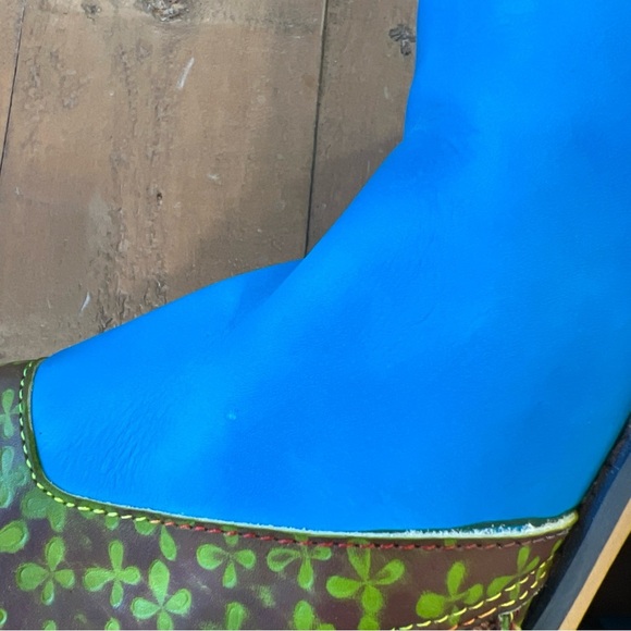 Socofy Women's Splicing Bohemia Leather Knit Block Heel Ankle Boots Blue US 6.5 - Picture 7 of 12